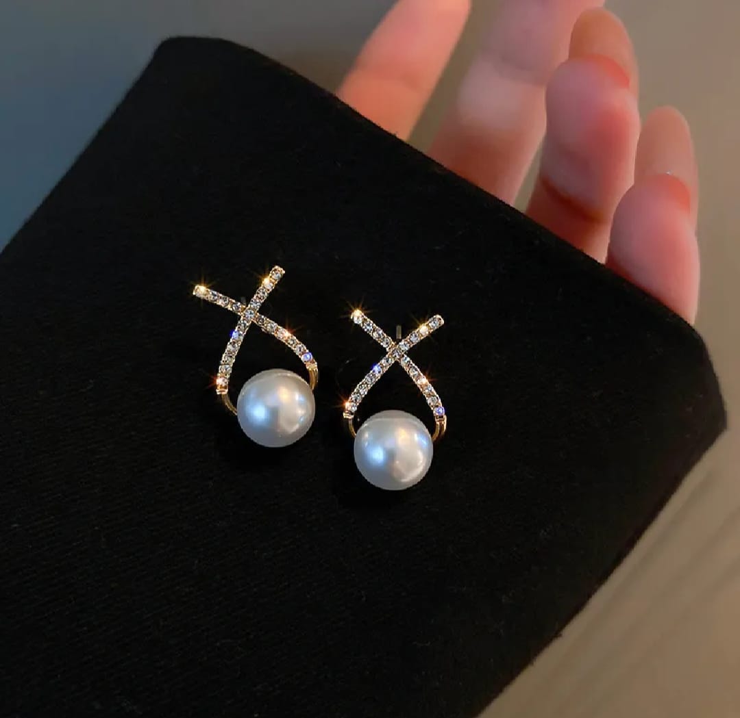 Elegant Simulated Pearl Earrings For Women Inlaid Rhinestone Stud Earrings Letter X Ear Stud