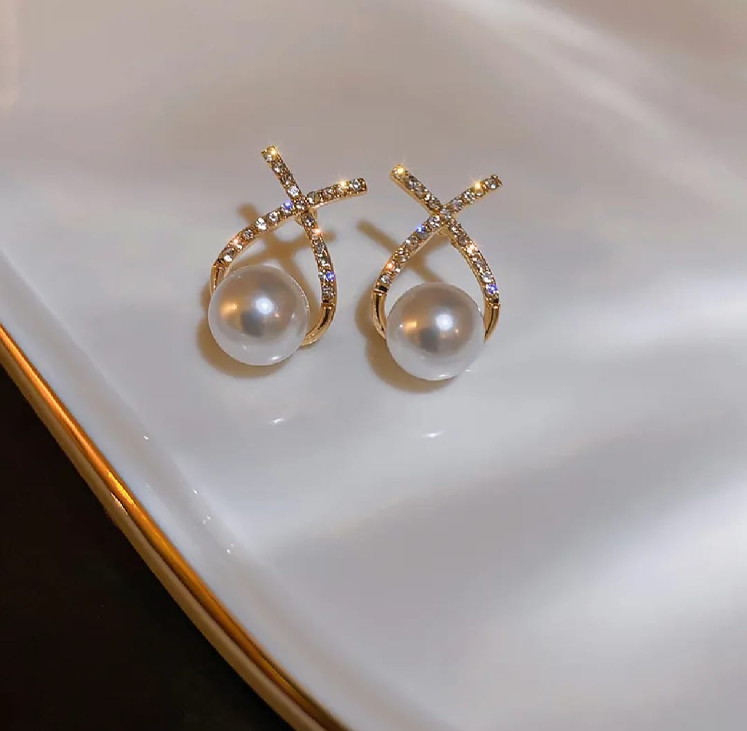 Elegant Simulated Pearl Earrings For Women Inlaid Rhinestone Stud Earrings Letter X Ear Stud