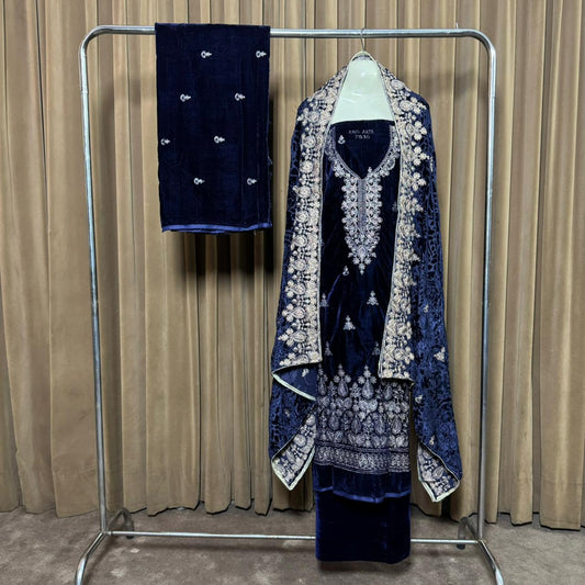 Embroidery (کڑھائی) Design 102 Velvet Unstitch Suit in Elegant Design & Colors (Shalwar, Front Kameez, Back Kameez & Palachi Dubatta)