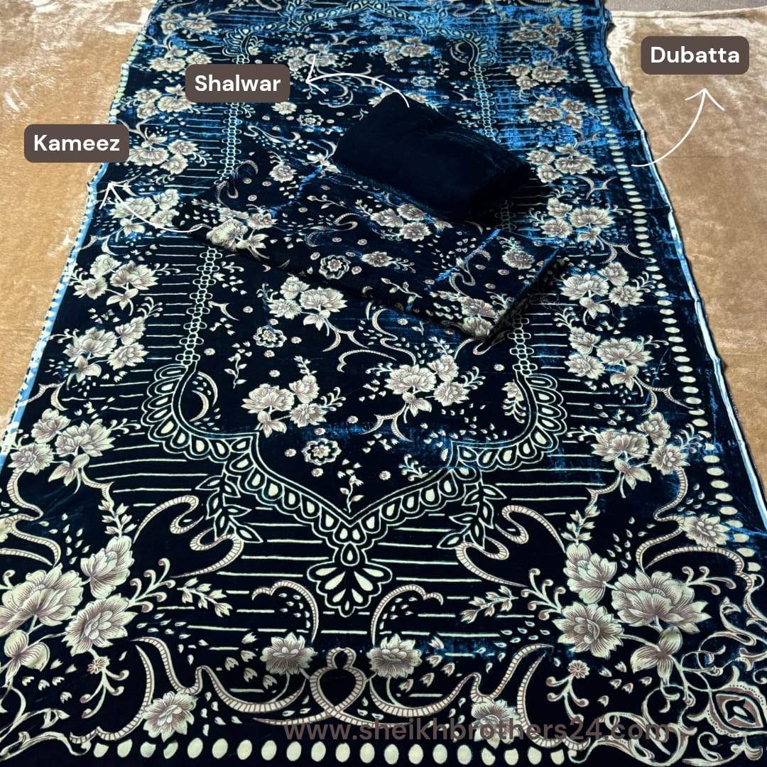 Palachi (پلچھی) Design 102 Velvet Unstitch Suit in Elegant Design & Colors (Shalwar, Kameez & Dubatta)