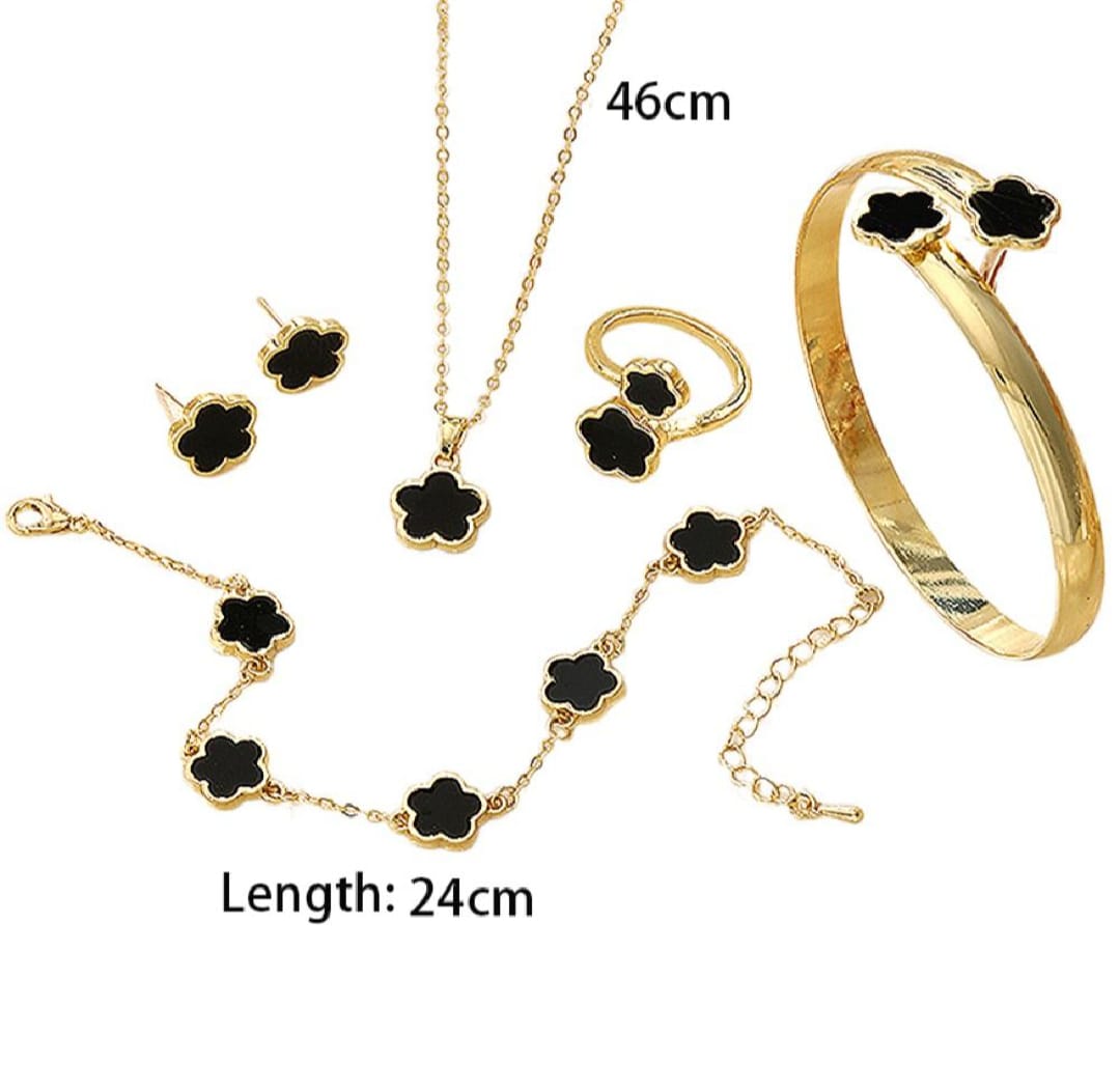 Set of 5 Pieces Fashion Alloy Jewelry Set Plum Blossom Five Leaf Flower Earing Girls Bracelet Laser Metal Necklace